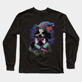 Kitten Witch Halloween Witch with Black Cats Long Sleeve T-Shirt